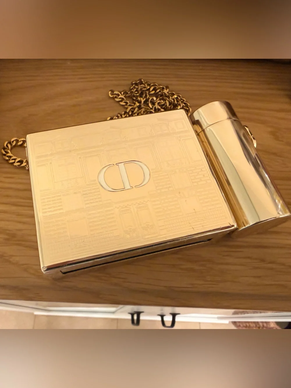 Dior Metallic Gold Box Clutch with Cylindrical Accent and Chain